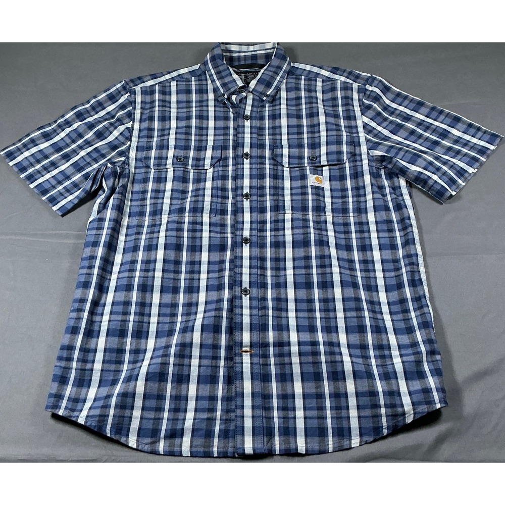 Carhartt Men‎ Loose Fit Plaid Short Sleeve Button Down Shirt Blue White M TW4625
